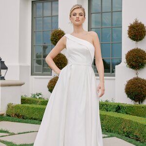 New A-Line Maxi Bridal Satin Dress w/ Asymmetrcial Neck & Side Pockets NX E469
